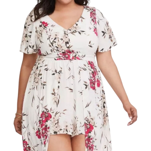 Torrid White Floral Challis Overskirt Romper - Picture 2 of 10